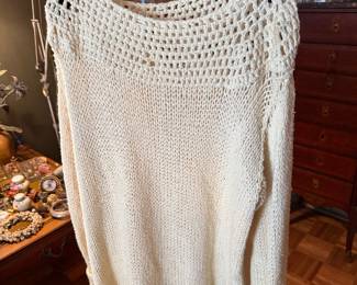 Cream Knit Sweater with Openwork Crochet-Style Yoke