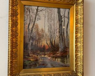 $250, Framed Woodland Landscape Painting Stream Sunset Scene Gilt Ornate Frame Wall Art