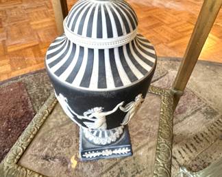 $75, Wedgwood Jasperware Black Urn Vase Lidded Classical Figures Made in England Decor