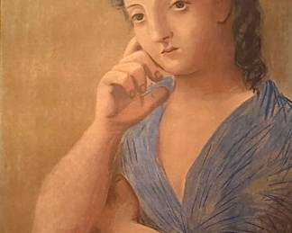 $450, Framed Portrait Painting of Woman in Blue Dress