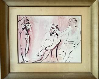 $250, Picasso Style Three Figures Print Framed Signed XXXI Nude Study Figurative Art Reproduction