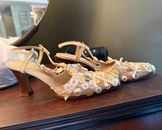 $100, D’Aloja Milano Button Embellished Slingback Heels Beige Ribbon Floral Applique Sandals EU 37.5