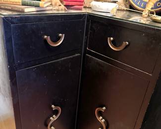 $200, Black Lacquer Hollywood Regency Corner Cabinets with Brass S-Scroll Pulls