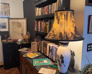 Ceramic Table Lamp with Transferware Figural Scene and Distressed Shade