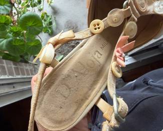 $100, D’Aloja Milano Button Embellished Slingback Heels Beige Ribbon Floral Applique Sandals EU 37.5