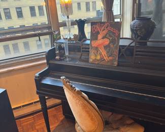 Black Ebonized Spinet Piano with Decorative Music Rack