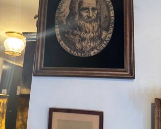 Cast Relief Leonardo da Vinci Profile Portrait Plaque on Velvet