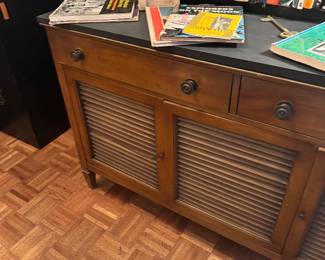 $450, Mid Century Wood Sideboard Buffet Cabinet Louvered Doors Storage Credenza Three Drawer Console
