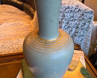 $125, Waechtersbach Keramik Vase Turquoise Gold Band German Pottery Mid Century Modern Decor