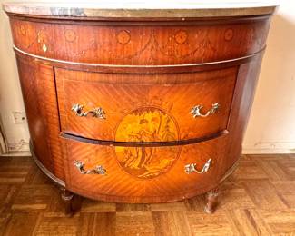 $600, Demi Lune Inlaid Wood Commode with Marble Top Painted Scene Front Curved Chest Dresser