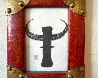 $45, Red Leather Brass Corner Frame Asian Ink Brush Art Bull Horn Symbol Wall Decor