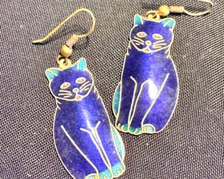 $25, Enamel and Brass Cloisonné Sitting Cat Drop Earrings