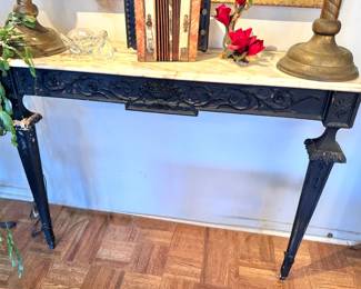 $550, Louis XVI Style Marble Top Carved Wood Console Table