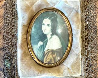$15, Gilt Brass Filigree Framed Portrait Miniature on Quilted Silk