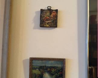 Cast Iron Painted Rooster Wall Plaque and Framed Landscape Print