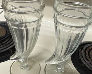Clear Glass Footed Cornucopia Horn Glasses — Set of Two