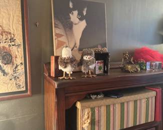 Assorted Small Decorative Items and Faux Fur Birds on Wooden Shelf