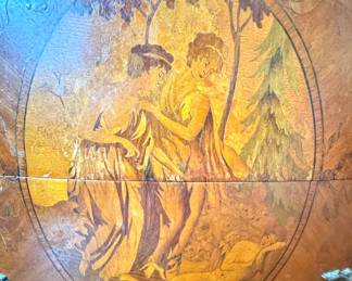 $600, Demi Lune Inlaid Wood Commode with Marble Top Painted Scene Front Curved Chest Dresser