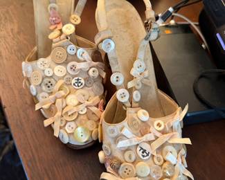 $100, D’Aloja Milano Button Embellished Slingback Heels Beige Ribbon Floral Applique Sandals EU 37.5