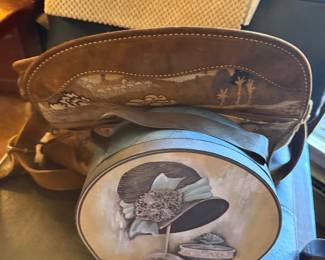 Tooled Leather Crossbody Bag with Southwestern Landscape Design and Decorative Hat Box