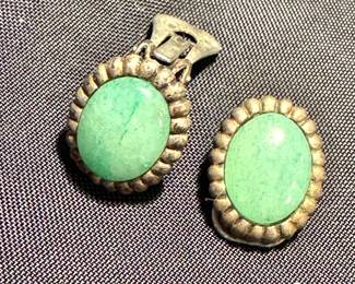 $65, Mexican Sterling Silver and Green Aventurine Stone Cabochon Clip-On Earrings