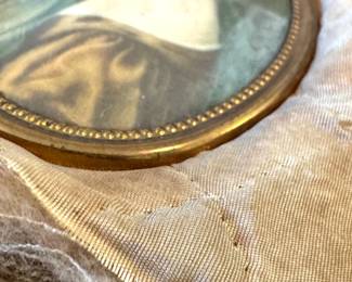 $15, Gilt Brass Filigree Framed Portrait Miniature on Quilted Silk