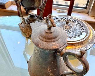 Silver-Plated Tilting Tea Urn on Stand with Matching Footed Coffee Pot