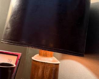 $125, Vintage Mid Century Table Lamp Wood Base Black Drum Shade Retro Bedside Lighting Decor