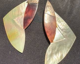 $65, Mother of Pearl and Inlaid Wood Geometric Post-Modern Statement Earrings