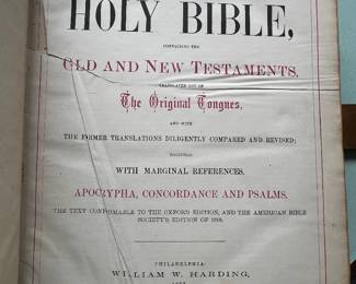 $200, Holy Bible 1873 Harding Royal Edition Large Embossed Leather Brass Clasp Family Register Bibl
