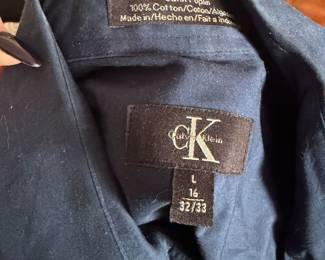 Calvin Klein Dark Blue 100% Cotton Satin Poplin Men's Dress Shirt Size L 16 32/33