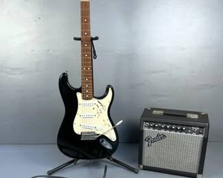 Jimmy Buffett Autographed Fender Stratocaster Electric Guitar, With Autograph Inscription "To Bill Play Here", With Fender Frontman 15R Amplifier, And Instrument Cord, Stand Is Included