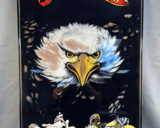 Harley Davidson Born To Be Wild Poster Featuring A Bald Eagle And Harley Motorcycles, Including The Softail Sturgis 50th Anniversary, Framed, Approx 32” x 30”