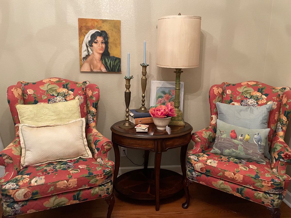 Sherrill Floral Upholstered Wing Back Chairs, table, lamps, decor