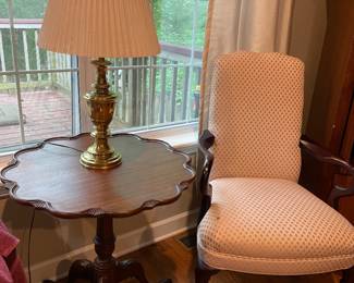 Vintage Pie Crust Occasional Table, Upholstered Chair, Lamp