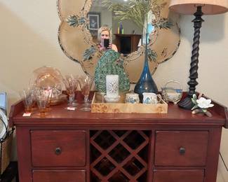 Broyhill Sideboard w/Wine Rack, Distressed Tin Mirror, Decor