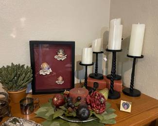 Framed Cherubs, Black Candlesticks, LED Candles
