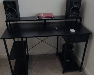 Black Metal Computer Desk with Elevated Shelf and Side Shelves