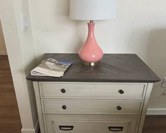 Nightstand and Pink Ceramic Table Lamp with White Drum Shade