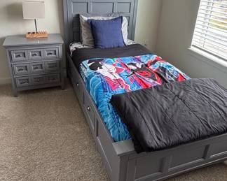 Gray Twin Bed Frame with Storage and Matching Nightstand