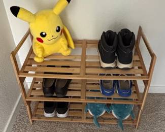 Bamboo Shoe Rack with Plush Pikachu Toy