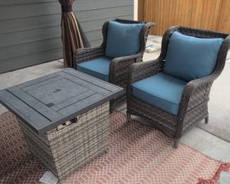 Ovios Piece Rattan Patio Conversation Set with Blue Cushions and Fire Pit Coffee Table