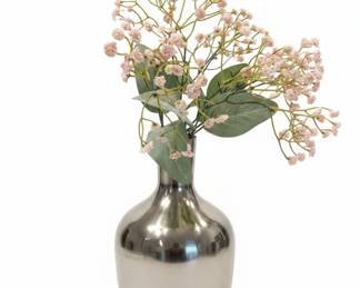 Modern Silver Tone Vase with Faux Pink Flowers