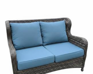Ovios Piece Rattan Patio Conversation Set with Blue Cushions and Fire Pit Coffee Table second image