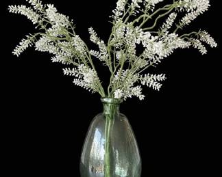 Large Green Blown Glass Bottle Vase with Faux White Flowers