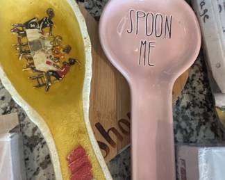 Rae Dunn SPOON ME Pink Ceramic Spoon Rest and Yellow Gather Spoon with Transferware Scene