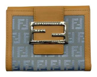 Fendi Light Blue x Beige Zucca Pattern Zucchino Canvas x Leather Compact Wallet