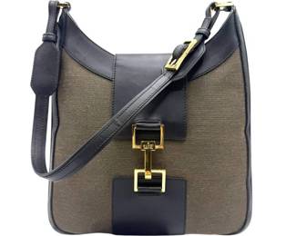 Gucci Brown Canvas x Black Leather Jackie-Style Shoulder Bag