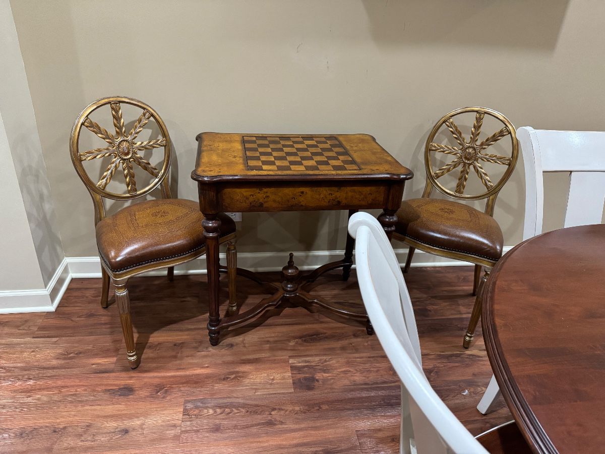 Game Table and two French Style Leather Chairs