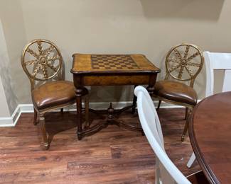Game Table  and two French Style Leather Chairs 